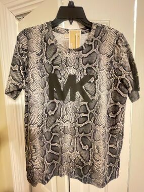 Michael Kors Snake-Print MK Logo Tee - Black & White